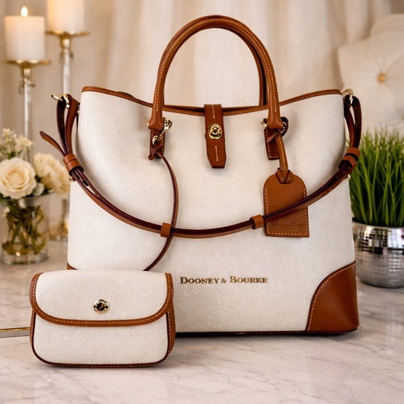 Dooney & Bourke Handbags - Dooney & Bourke Cream Canvas Tote with Brown Leather Trim and Matching Pouch
